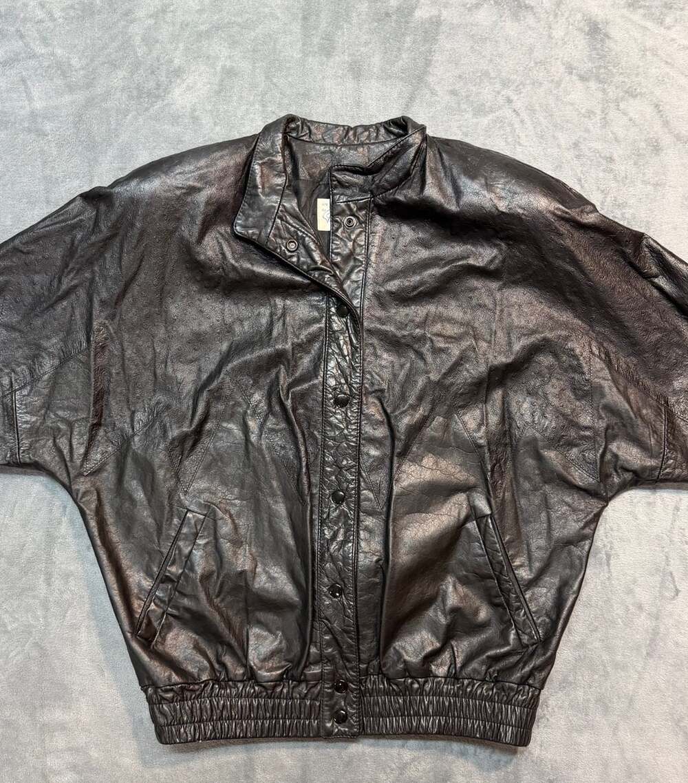 Peter Caruso Vintage 80s Black Leather Bomber Jacket Ostrich Texture streetwear